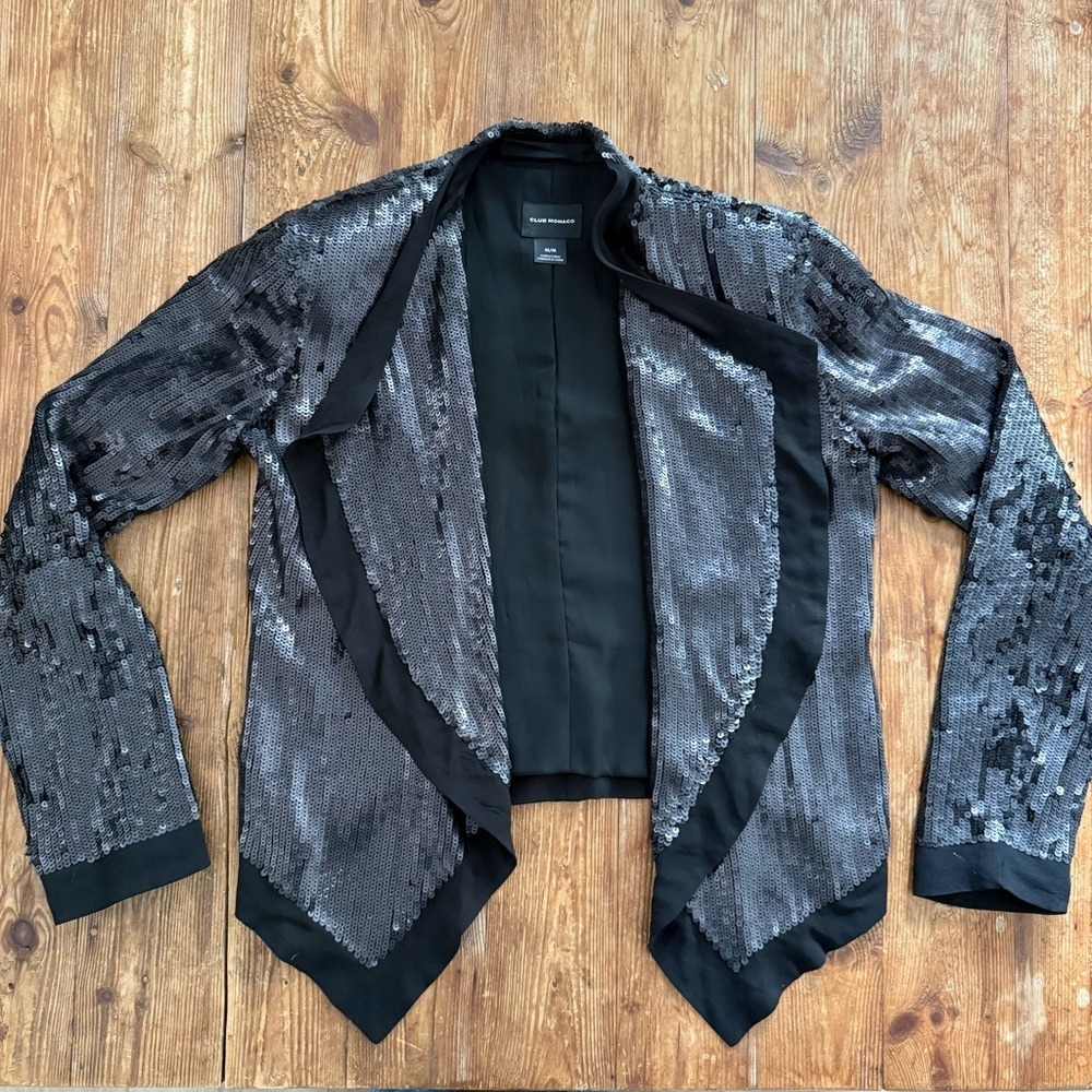 Club Monaco Cora Black Sequin Open Front Silk Blazer Jacket Women's Medium EUC - Picture 5 of 13